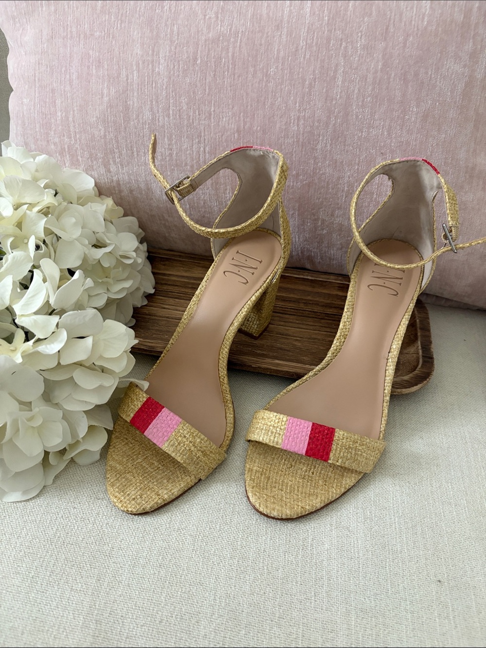 INC International Concepts Womens 7.5 Straw Woven Heel Sandals Pink Red Beige